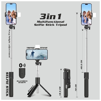 Picture of Multifunctional 4 in 1 Portable Adjustable & Foldable Monopod Selfie Stick & Tripod with Selfie Light & Wireless Bluetooth Remote Control - Selfie Stick - By Cyber Mart