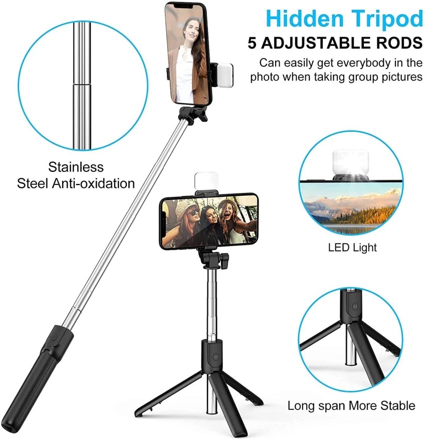 Picture of 100cm Longest Tripod Stand + Selfie Stick Foldable Mini Tripod with Fill Light Bluetooth Remote Shutter Retractable Rod for Phone N08S/Q07 - Tripod