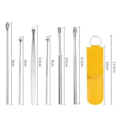 Picture of NEW 6pcs Ear Cleaner Wax Removal Tool Earpick Sticks Earwax Remover Curette Ear Pick Set Portable Ear Cleaner Set Stainless Steel With Lather Case - Ear Pick