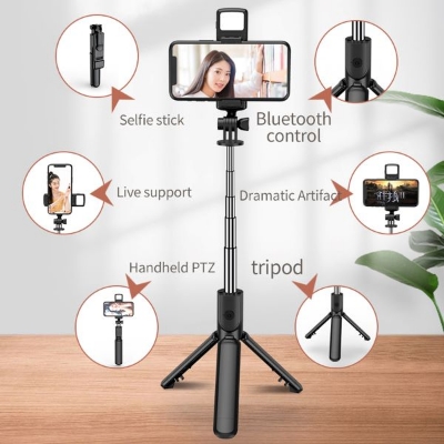 Picture of 4 in 1 Smartphone Tripod + Selfie Stick with LED Fill Light & Wireless Bluetooth-Compatible Mini Tripod Shutter Remote Control Lengthened Tripod