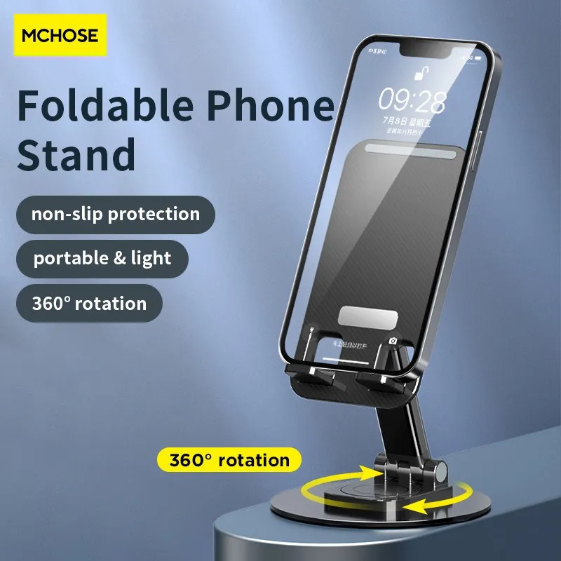 Picture of Aluminum Alloy Portable Desktop Mobile Phone Stand 360° Rotatable Foldable Height and Angle Adjustable Cell Phone Holder Metal Base for Table & Bed Compatible with All Smartphones Tablets Desk