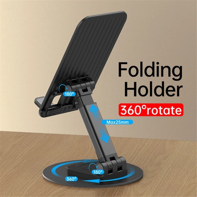 Picture of Aluminum Alloy Portable Desktop Mobile Phone Stand 360° Rotatable Foldable Height and Angle Adjustable Cell Phone Holder Metal Base for Table & Bed Compatible with All Smartphones Tablets Desk
