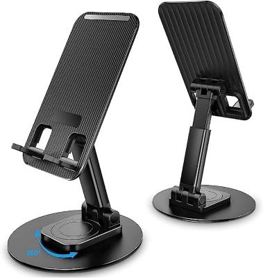 Picture of Aluminum Alloy Portable Desktop Mobile Phone Stand 360° Rotatable Foldable Height and Angle Adjustable Cell Phone Holder Metal Base for Table & Bed Compatible with All Smartphones Tablets Desk
