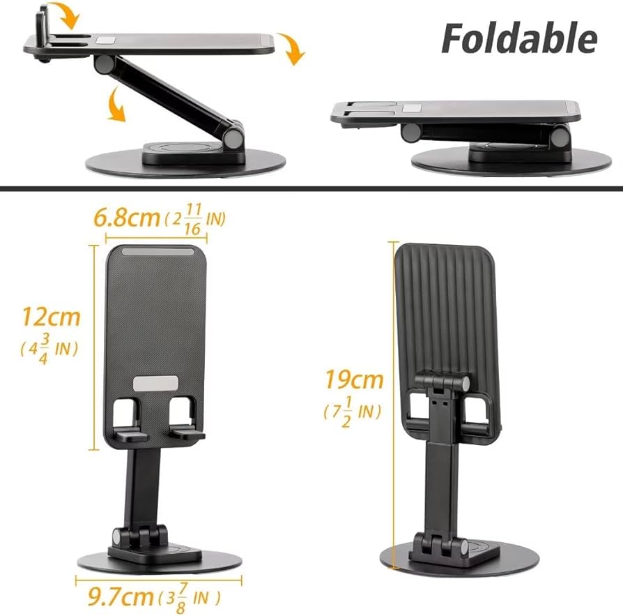 Picture of Aluminum Alloy Portable Desktop Mobile Phone Stand 360° Rotatable Foldable Height and Angle Adjustable Cell Phone Holder Metal Base for Table & Bed Compatible with All Smartphones Tablets Desk