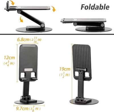 Picture of Aluminum Alloy Portable Desktop Mobile Phone Stand 360° Rotatable Foldable Height and Angle Adjustable Cell Phone Holder Metal Base for Table & Bed Compatible with All Smartphones Tablets Desk