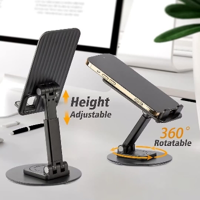 Picture of Aluminum Alloy Portable Desktop Mobile Phone Stand 360° Rotatable Foldable Height and Angle Adjustable Cell Phone Holder Metal Base for Table & Bed Compatible with All Smartphones Tablets Desk