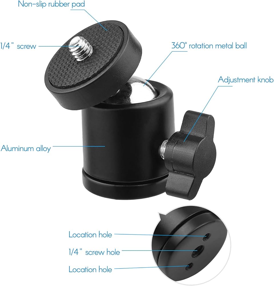 Picture of 1pc Mini Swivel Ball Head Tripod Head 360 Degree Rotating Mount Base Adapter with Universal 1/4 Inch Screw Mounts for DSLR ILDC Camera DV Tripod Monopod Light Stand  -Tripod Head