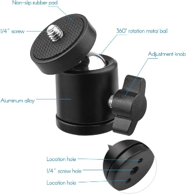 Picture of 1pc Mini Swivel Ball Head Tripod Head 360 Degree Rotating Mount Base Adapter with Universal 1/4 Inch Screw Mounts for DSLR ILDC Camera DV Tripod Monopod Light Stand  -Tripod Head
