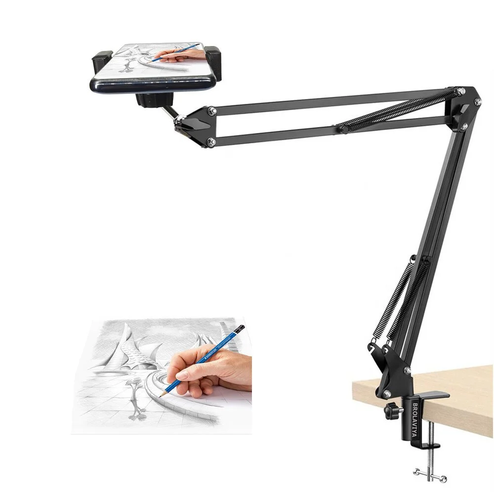 Picture of Overhead Video Stand Phone Holder Articulating Arm Phone Mount Table Top ChromLives Scissor Boom Arm Articulating Phone Stand Tablet Phone Holder for Streaming Phone Baking Crafting