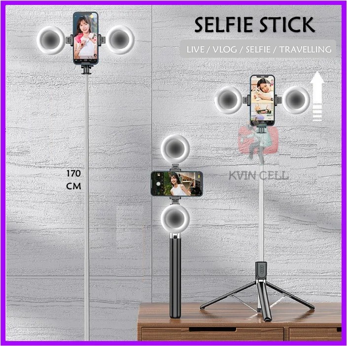Picture of Plokama 10 Pro 170cm/1.7 Meters Portable Tripod Bluetooth Selfie Stick 3 in 1 Remote Hp  Monopod Led Fill Light Free 2 Ring Fill Lights