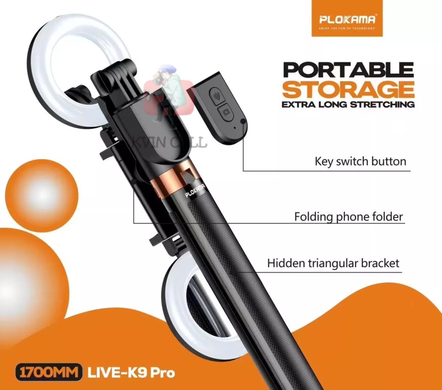 Picture of Plokama 10 Pro 170cm/1.7 Meters Portable Tripod Bluetooth Selfie Stick 3 in 1 Remote Hp  Monopod Led Fill Light Free 2 Ring Fill Lights