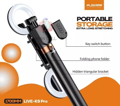 Picture of Plokama 10 Pro 170cm/1.7 Meters Portable Tripod Bluetooth Selfie Stick 3 in 1 Remote Hp  Monopod Led Fill Light Free 2 Ring Fill Lights