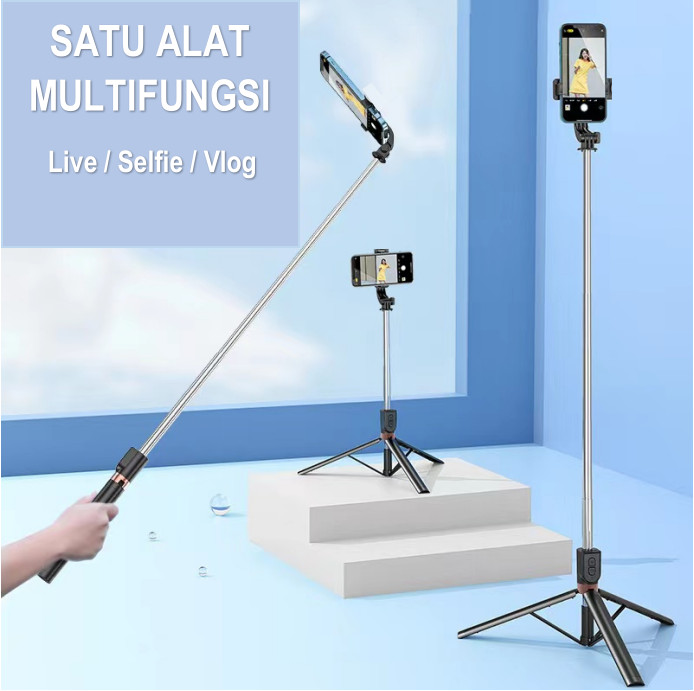 Picture of 5.7 Feet / 1.7 Meter Long 4 in 1 Selfie Stick Foldable Portable Wireless Selfie Stick with LED Fill Light & Bluetooth Remote Control Shutter DSLR Go Pro Camera Ringlight Camera Mount - Tripod