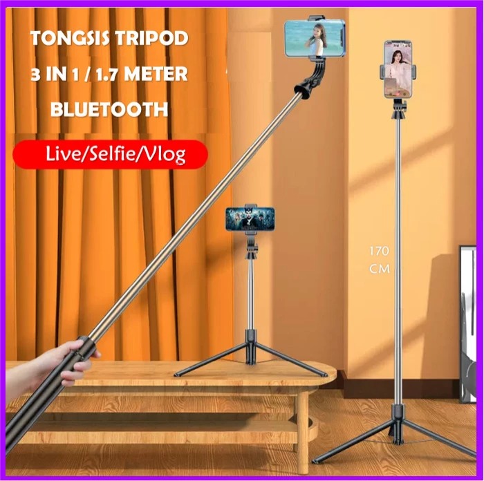 Picture of 5.7 Feet / 1.7 Meter Long 4 in 1 Selfie Stick Foldable Portable Wireless Selfie Stick with LED Fill Light & Bluetooth Remote Control Shutter DSLR Go Pro Camera Ringlight Camera Mount - Tripod