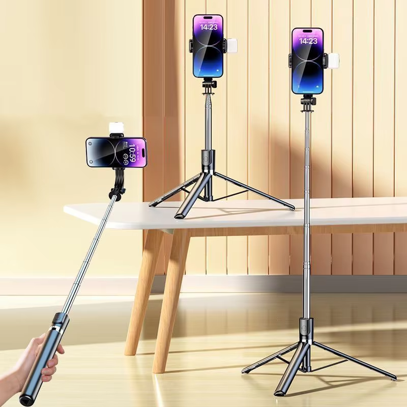 Picture of 5.7 Feet Long Wireless Bluetooth Tripod Selfie Stick Live Bracket Stand Holder Tripod Foldable with Felt Remote Shutter for Smartphones - Selfie Stick / Tripod