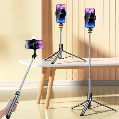 Picture of 5.7 Feet Long Wireless Bluetooth Tripod Selfie Stick Live Bracket Stand Holder Tripod Foldable with Felt Remote Shutter for Smartphones - Selfie Stick / Tripod
