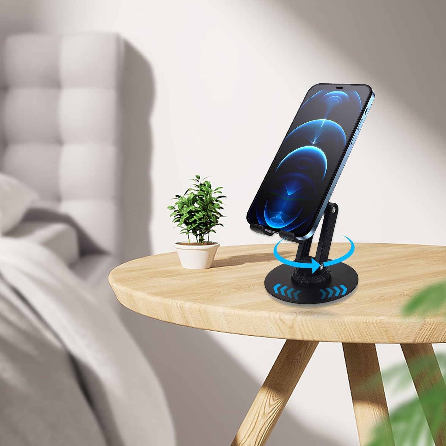 Picture of Fully Adjustable (BY-556) Foldable Aluminum Alloy Desktop Phone Holder Adjustable Angle Height 360 Degree Rotating Cradle Dock Mobile Stand Compatible With All Mobile/Tablet Devices Under 12 Inches