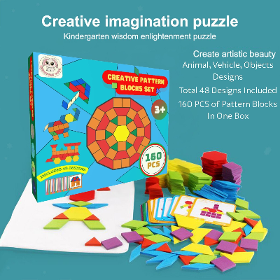 Picture of 160 Pcs Creative Pattern Blocks Geometric Shape Puzzle Graphical Early Educational Tangram Toy Board Game