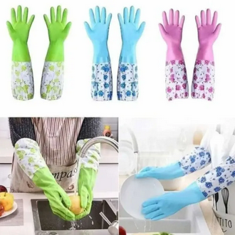 Picture of 1 pair Household Gloves with Soft Fiber lining Extra Long Cuff and Vinyl Textured Grip for Women, Reusable Gloves for Dish Washing, Latex Free, Elbow Length