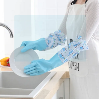 Picture of 1 pair Household Gloves with Soft Fiber lining Extra Long Cuff and Vinyl Textured Grip for Women, Reusable Gloves for Dish Washing, Latex Free, Elbow Length