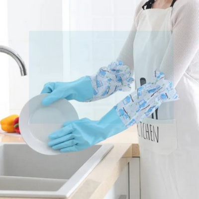 Picture of 1 pair Household Gloves with Soft Fiber lining Extra Long Cuff and Vinyl Textured Grip for Women, Reusable Gloves for Dish Washing, Latex Free, Elbow Length