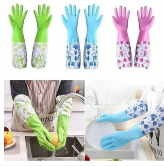 Picture of 1 pair Household Gloves with Soft Fiber lining Extra Long Cuff and Vinyl Textured Grip for Women, Reusable Gloves for Dish Washing, Latex Free, Elbow Length