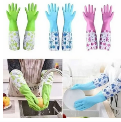 Picture of 1 pair Household Gloves with Soft Fiber lining Extra Long Cuff and Vinyl Textured Grip for Women, Reusable Gloves for Dish Washing, Latex Free, Elbow Length