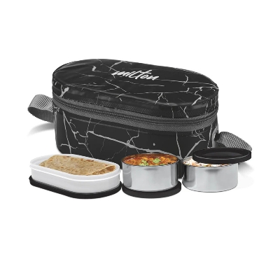 Picture of MILTON Executive Lunch Prime Box, 2 Inner Steel Round Containers 300ml Each and 1 Microwave Safe Oval Plastic Container, 450ml with Insulated Bag, Office Tiffin, Leakproof,
