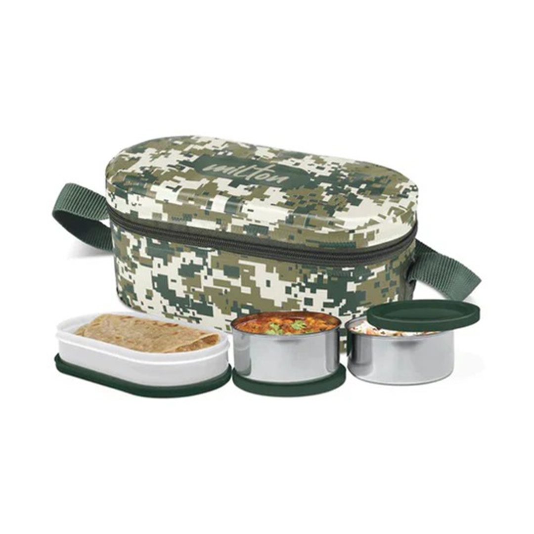 Picture of MILTON Executive Lunch Prime Box, 2 Inner Steel Round Containers 300ml Each and 1 Microwave Safe Oval Plastic Container, 450ml with Insulated Bag, Office Tiffin, Leakproof,