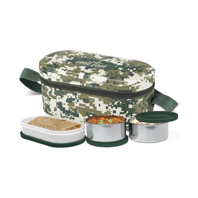 Picture of MILTON Executive Lunch Prime Box, 2 Inner Steel Round Containers 300ml Each and 1 Microwave Safe Oval Plastic Container, 450ml with Insulated Bag, Office Tiffin, Leakproof,