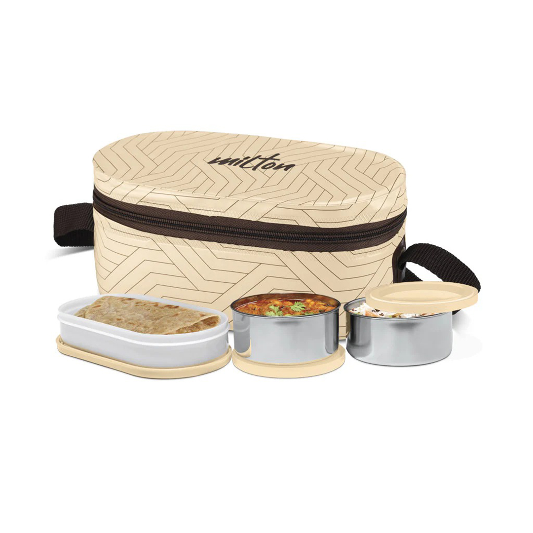 Picture of MILTON Executive Lunch Prime Box, 2 Inner Steel Round Containers 300ml Each and 1 Microwave Safe Oval Plastic Container, 450ml with Insulated Bag, Office Tiffin, Leakproof,