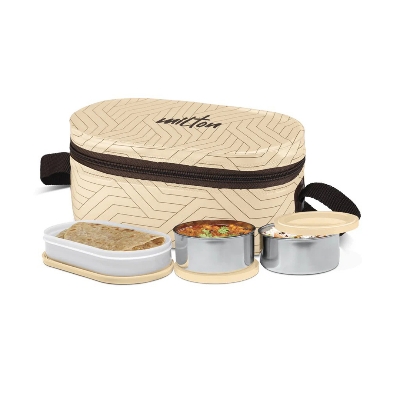 Picture of MILTON Executive Lunch Prime Box, 2 Inner Steel Round Containers 300ml Each and 1 Microwave Safe Oval Plastic Container, 450ml with Insulated Bag, Office Tiffin, Leakproof,
