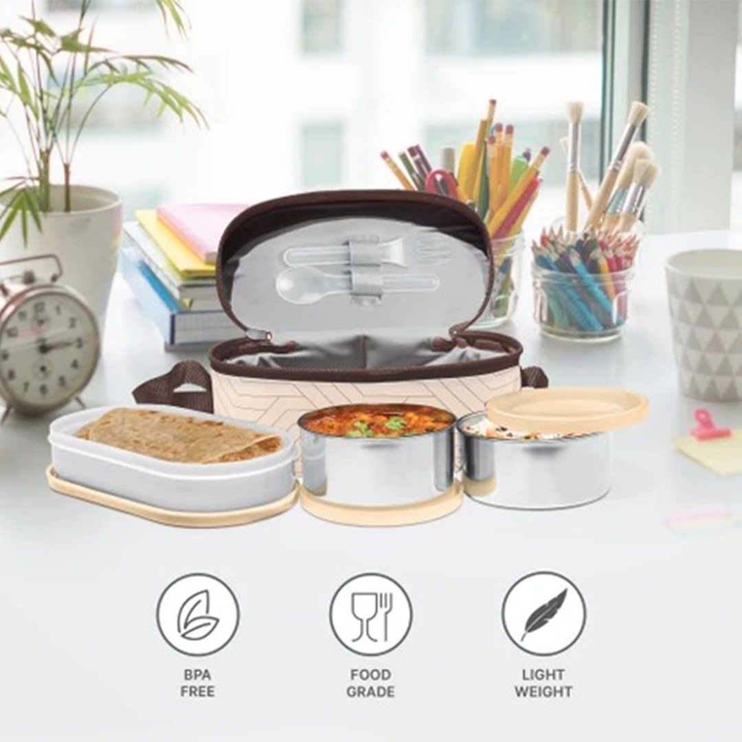 Picture of MILTON Executive Lunch Prime Box, 2 Inner Steel Round Containers 300ml Each and 1 Microwave Safe Oval Plastic Container, 450ml with Insulated Bag, Office Tiffin, Leakproof,