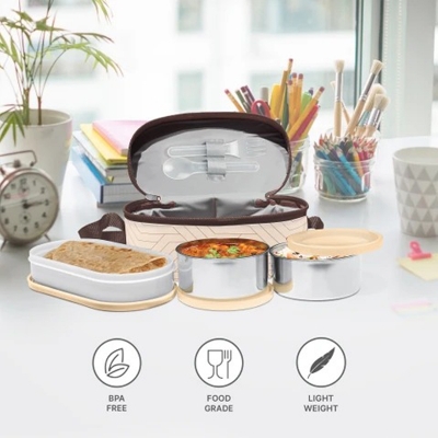 Picture of MILTON Executive Lunch Prime Box, 2 Inner Steel Round Containers 300ml Each and 1 Microwave Safe Oval Plastic Container, 450ml with Insulated Bag, Office Tiffin, Leakproof,