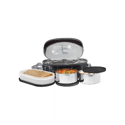 Picture of MILTON Executive Lunch Prime Box, 2 Inner Steel Round Containers 300ml Each and 1 Microwave Safe Oval Plastic Container, 450ml with Insulated Bag, Office Tiffin, Leakproof,