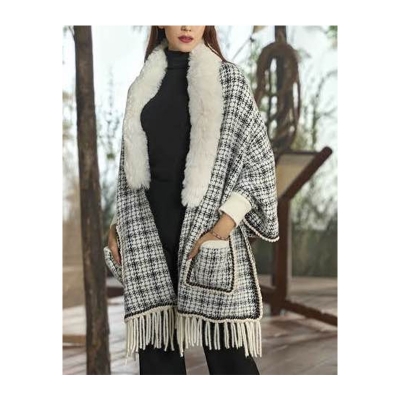 Picture of Women's Poncho Sweater Winter Collection Jacquard Knit Wool Blend Sleeveless V-Neck