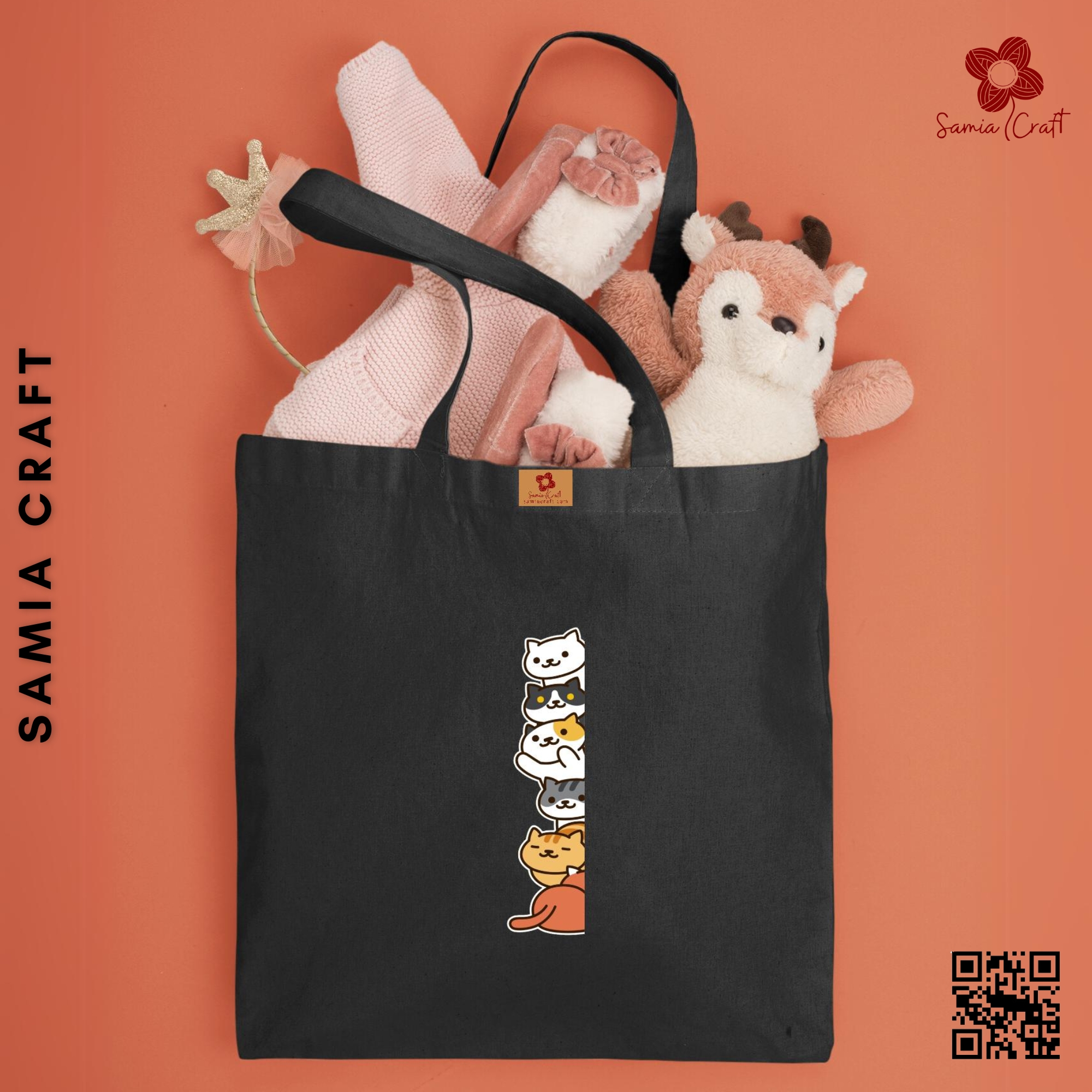 Picture of SamiaCraft Kitty Cat Designed Cotton Canvas Tote Bag with Zipper for Women & Students University, College Fashion - Everyday Daily Use