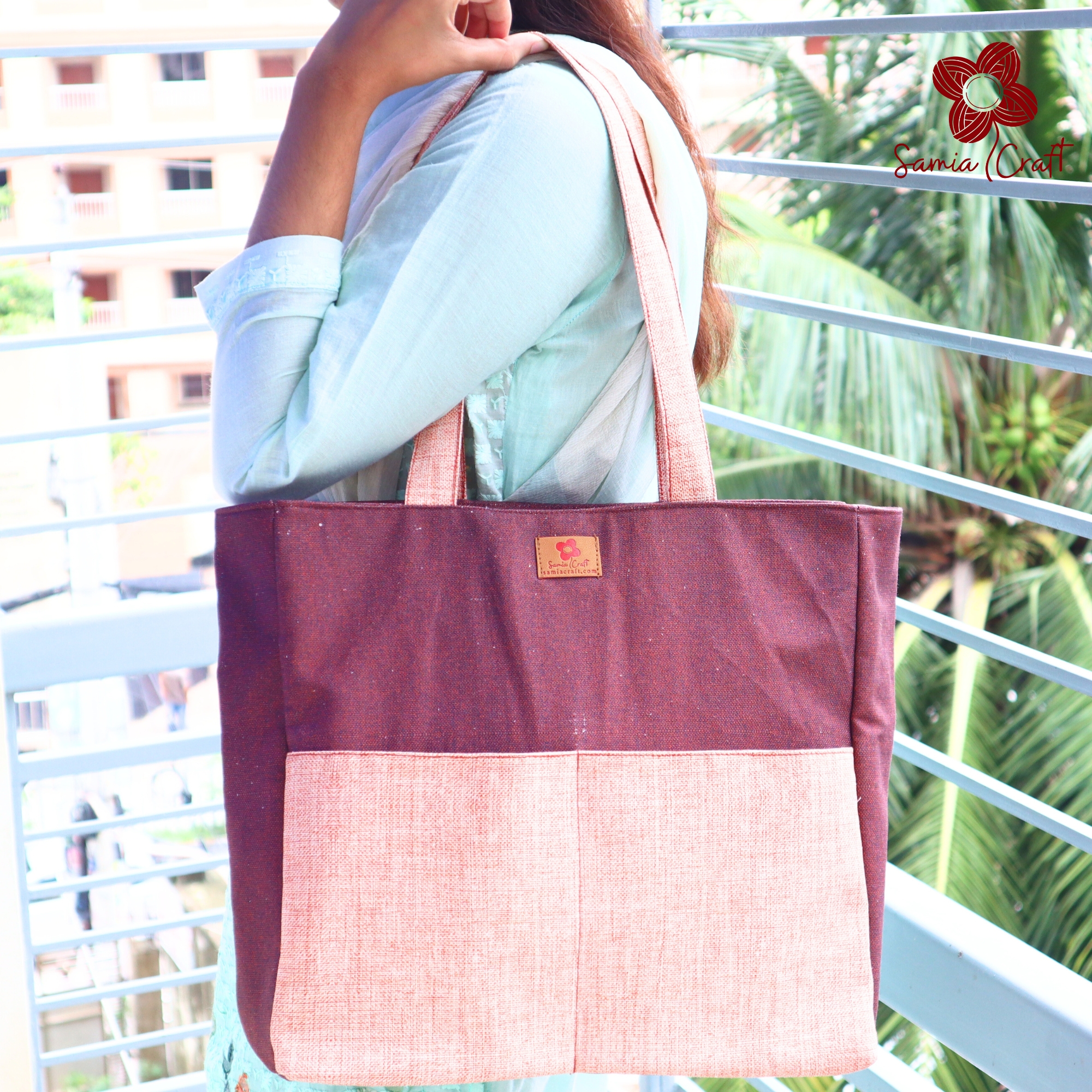 Picture of Samia Craft Classic Casual Carryall Canvas Tote Bag With Outside Pocket for Women - Fabric Tote Bag with Zipper