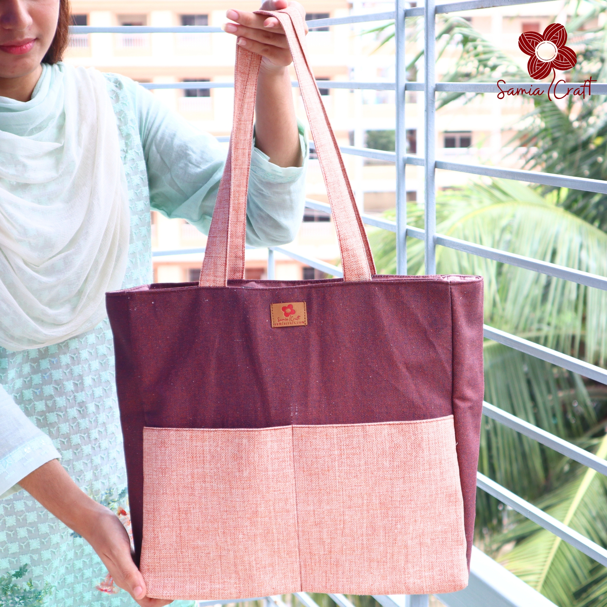 Picture of Samia Craft Classic Casual Carryall Canvas Tote Bag With Outside Pocket for Women - Fabric Tote Bag with Zipper