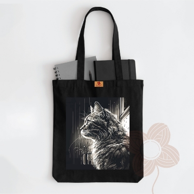 Picture of Samia Craft Aesthetic Kitty Design Printed Canvas Tote Bag with Zipper - For Cats Lovers and School, College, University - Stylish, Fashionable