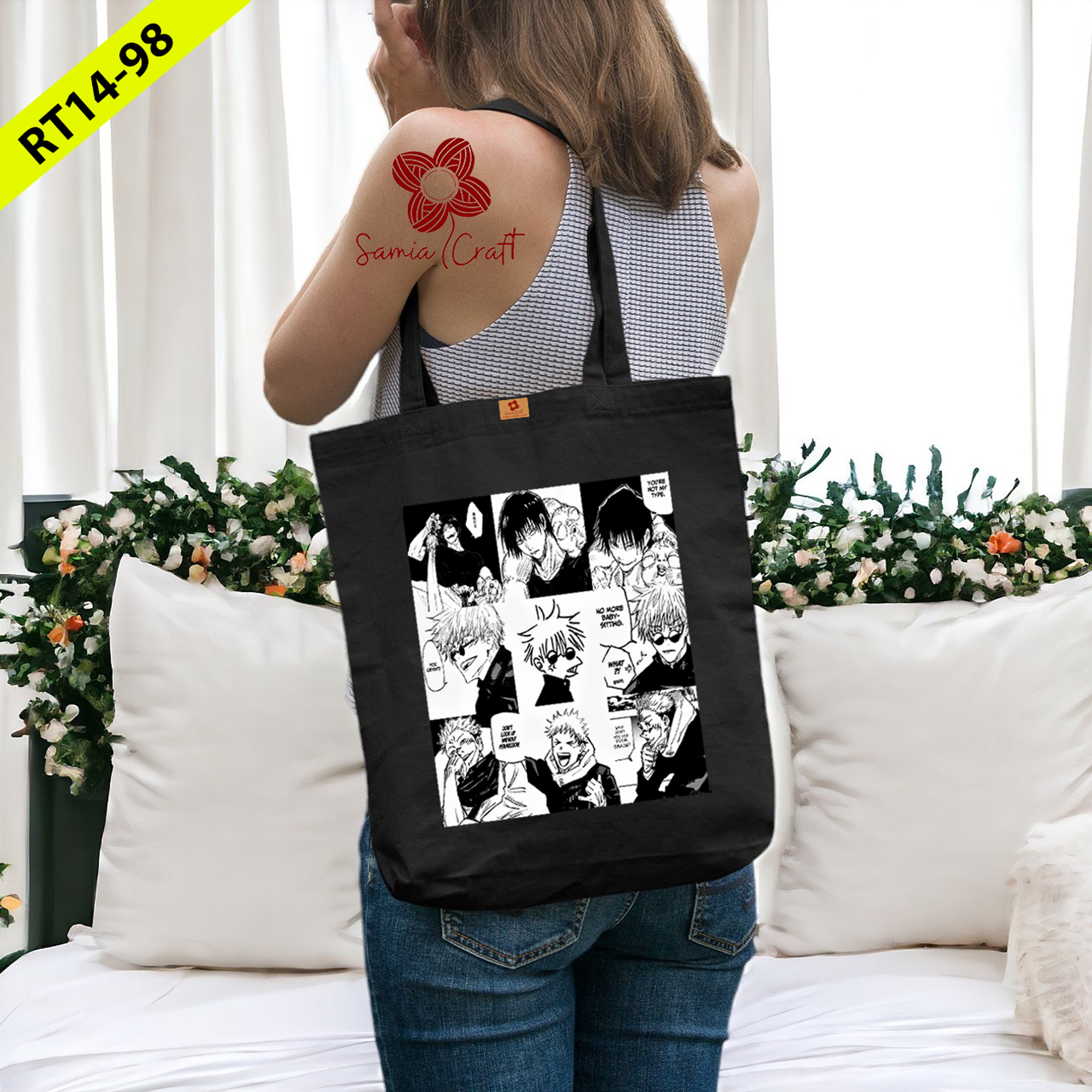 Picture of Samia Craft Anime Black & White Aesthetic Design Cotton Canvas Tote Bag with Zipper - For Anime Lover, Stylish and Modern School College University