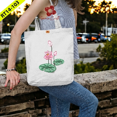 Picture of Samia Craft Beautiful Flower Design Cotton Canvas Tote Bag with Zipper - Simple and Stylish Water Lily Design for Women's School College University