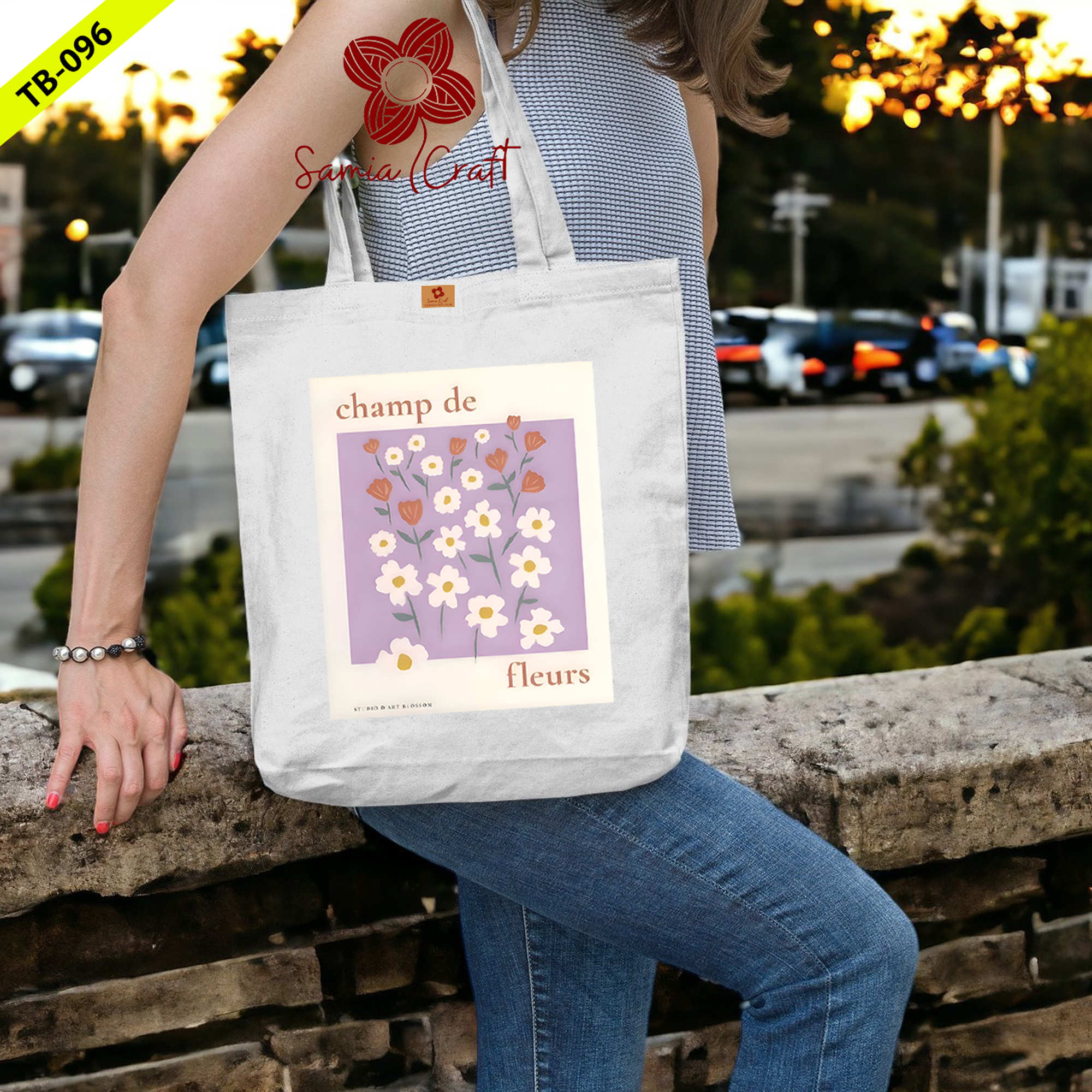 Picture of Samia Craft Nature's Strokes Beautiful Flowers Digital Design Print on Cotton Canvas Tote bag with Zipper - Stylish and Fashionable & Suitable for School College University