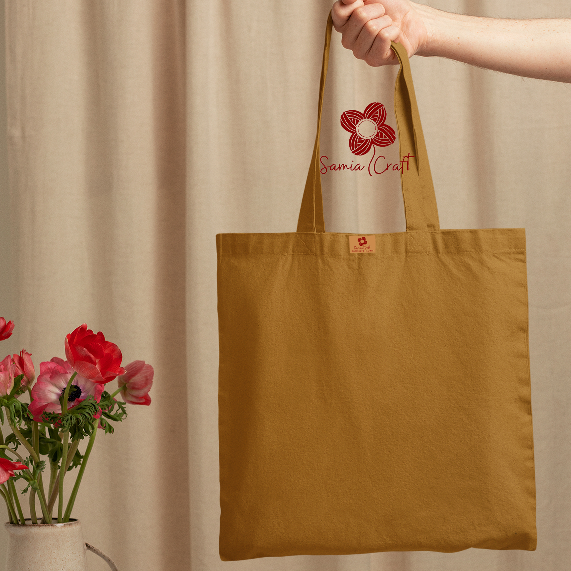 Picture of Samia Crafts 13/14Inch Top Handle Canvas Tote Bag Brown Color with Zipper - Simple Plain Solid Color Hand and Shoulder Bag for Daily Use