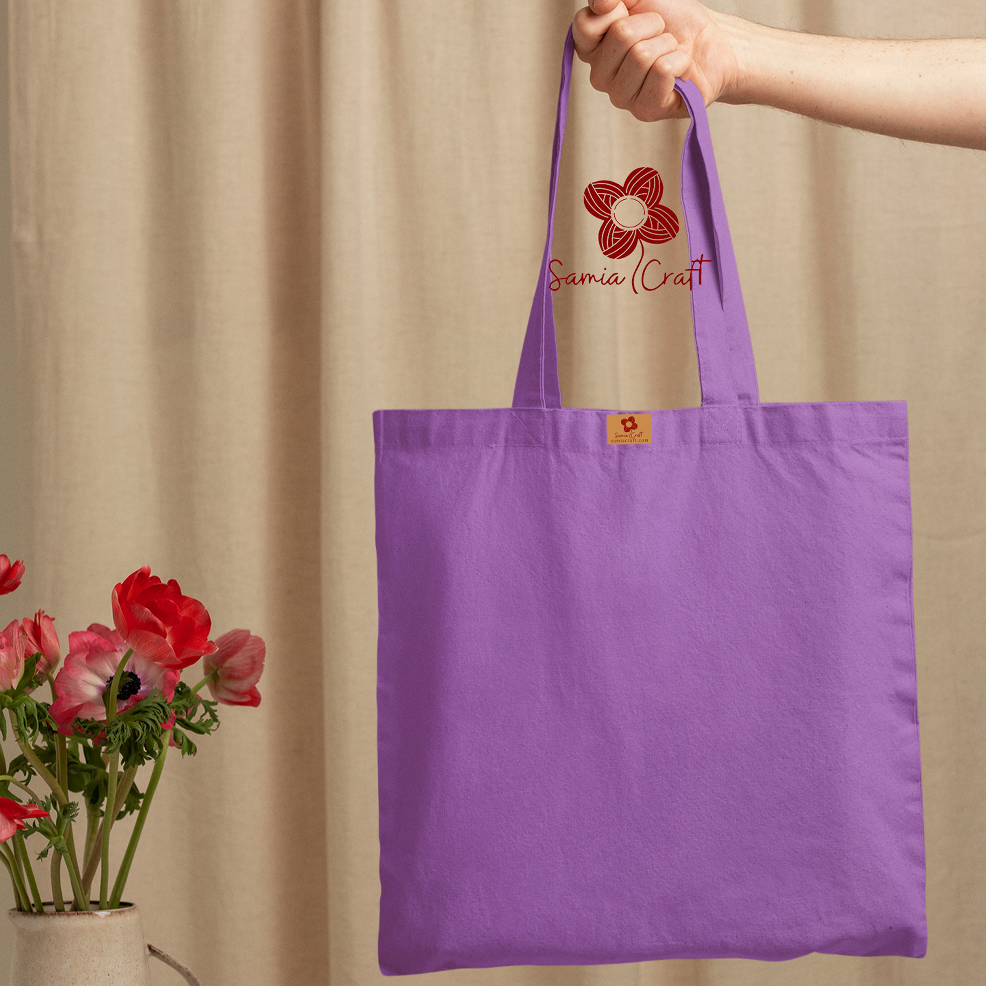 Picture of SamiaCrafts 13/14 Top Handle Canvas Tote Bag Purple Color With Zipper - Simple Plain Solid Color Hand and Shoulder Bag for Regular and Daily Use
