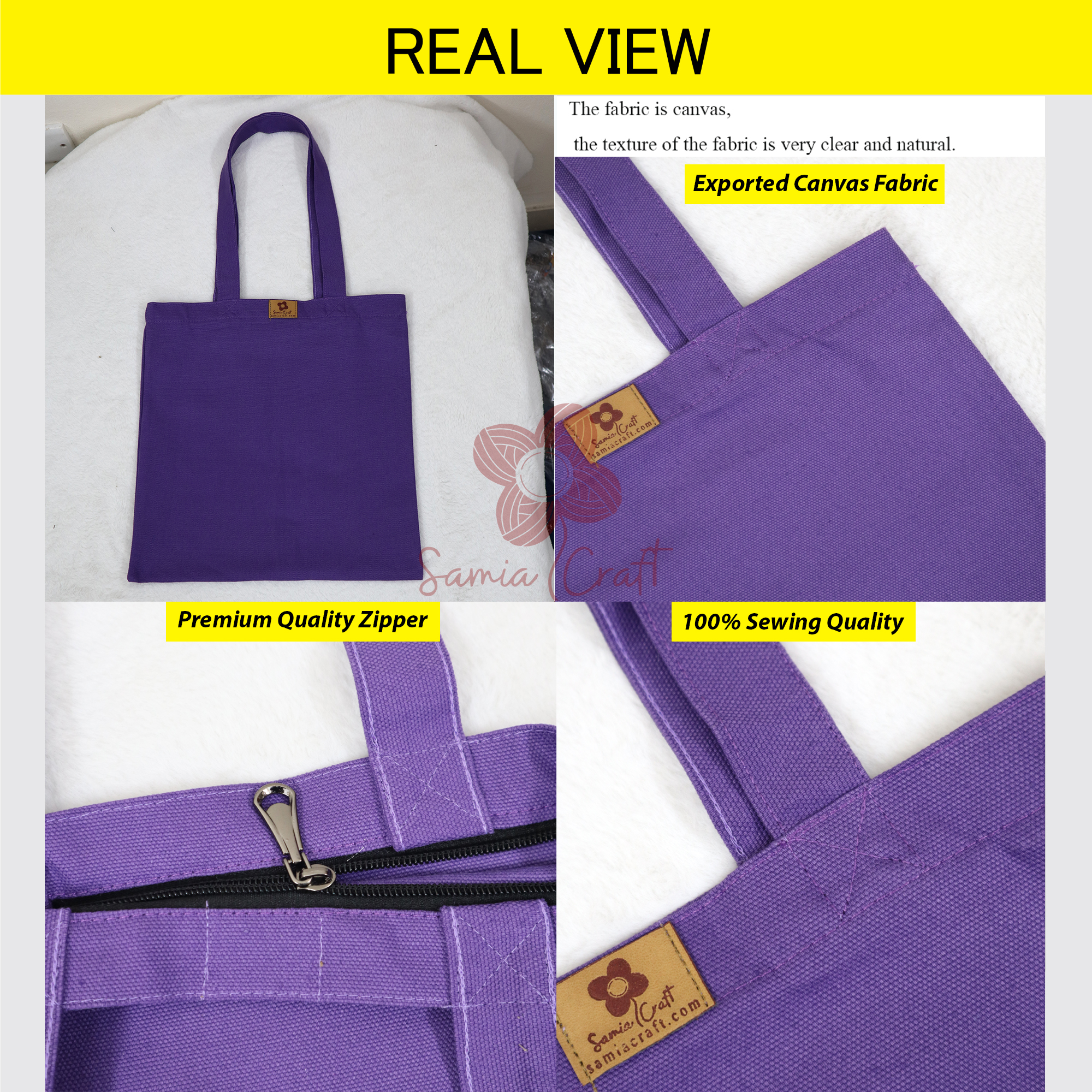 Picture of SamiaCrafts 13/14 Top Handle Canvas Tote Bag Purple Color With Zipper - Simple Plain Solid Color Hand and Shoulder Bag for Regular and Daily Use