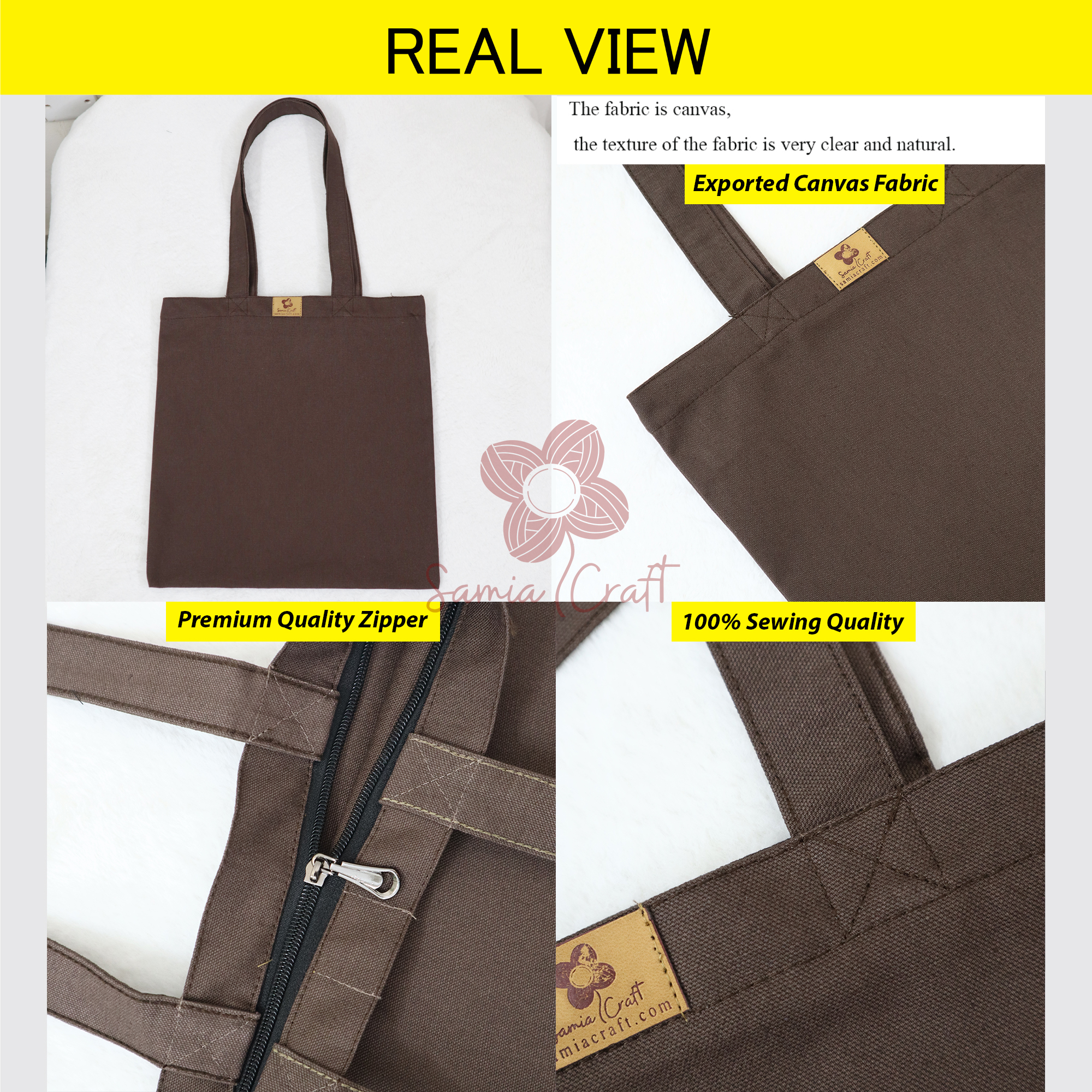 Picture of SamiaCrafts 13/14Inch Top Handle Tote Canvas Bag Coffee Color With Zipper - Simple, Plain, Solid Color Beautiful Hand and Shoulder Bag for Everyday and Daily Use