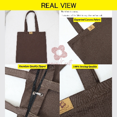 Picture of SamiaCrafts 13/14Inch Top Handle Tote Canvas Bag Coffee Color With Zipper - Simple, Plain, Solid Color Beautiful Hand and Shoulder Bag for Everyday and Daily Use