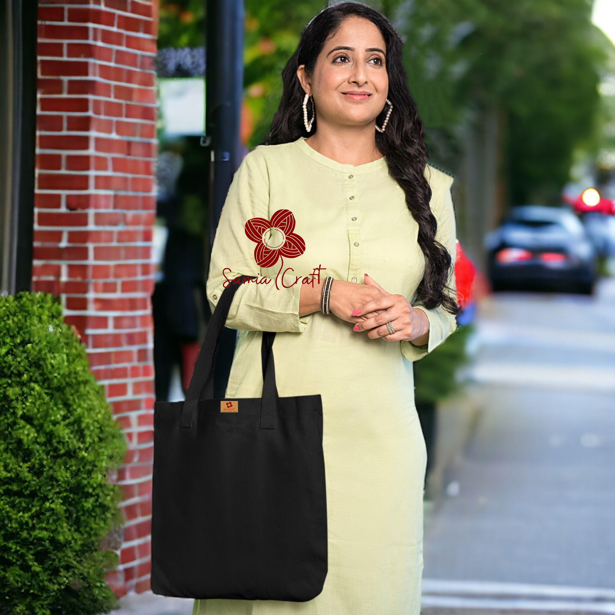 Picture of Samia Crafts 13/14Inc Fashionable Top Handle Simple Plain Solid Black Color Canvas Tote Bag with Zipper Best Fabric & Shopping Bag For Everyday Daily Use - Durability Assurance