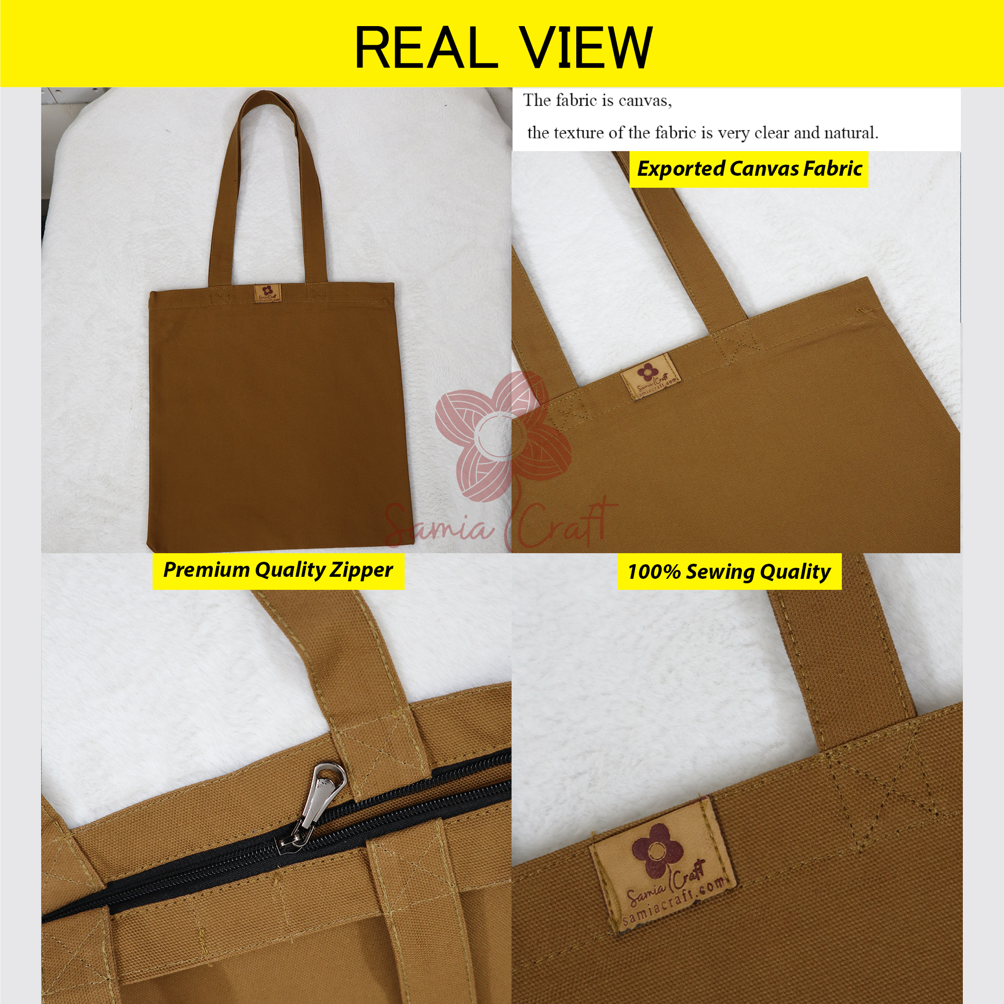 Picture of Samia Crafts 13/14inc Fashionable Simple Plain Solid Brown Chocolate Color Top Handle Canvas Tote Bag With Zipper Best Fabric and Shopping Bag For Everyday Daily Use